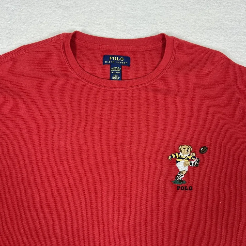 Polo Ralph Lauren Sleepwear Shirt Mens 2XL Red Waffle Knit Polo Bear‎ Rugby Top
